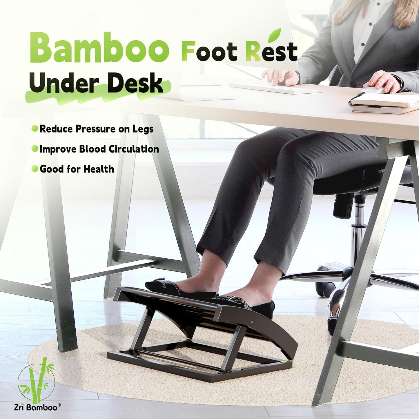Foot Rest for Under Desk at Work - Adjustable Black Bamboo Footrest for Office and Couch