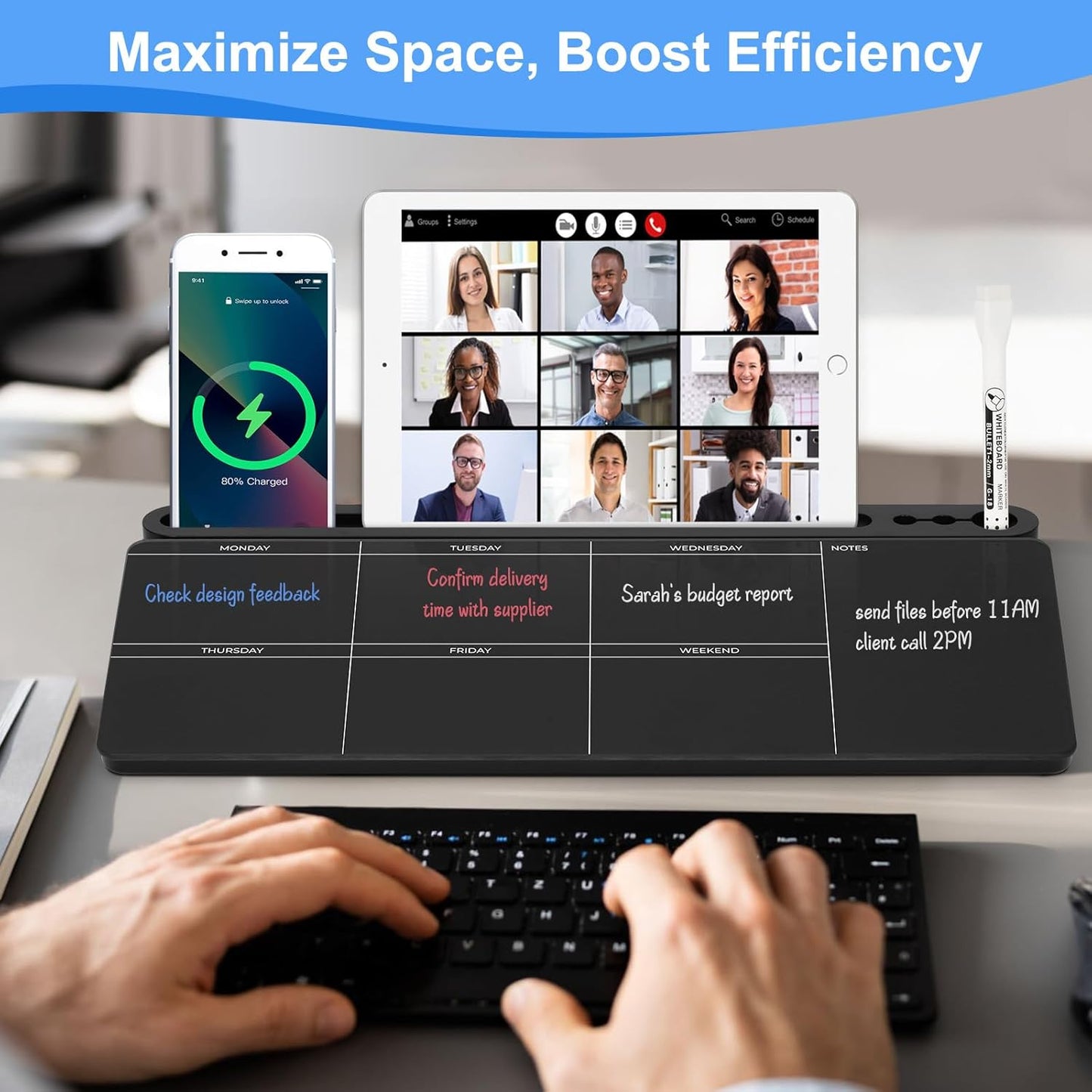 Desktop Glass Whiteboard with Storage, Weekly Calendar Desk Dry Erase White Board, Desk Organizers and Accessories, Weekly Planner Board for List, Planning, Memo, Note, Office, Home, College, School