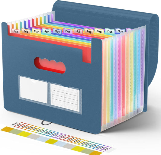 Sooez Accordion File Organizer, 13 Pockets Expanding File Folder, Portable Monthly Paper Bill Tax Receipt Organizer, Letter A4 Size Document Holder with Blank Labels