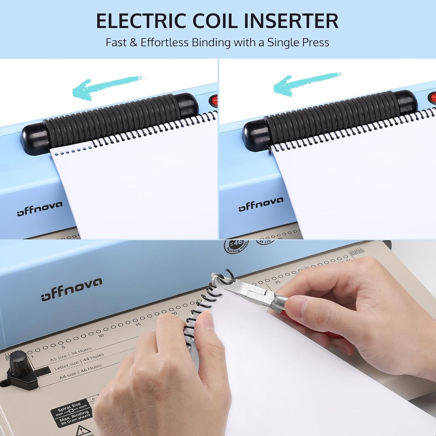 OFFNOVA Spiral Binding Machine, Spiral Coil Binder with Electric Coil Inserter, Easy to Punch Handle, Adjustable Side Margin, for Letter/A4/A5, Includes 100pcs 5/16" Plastic Coils & Crimper Plier