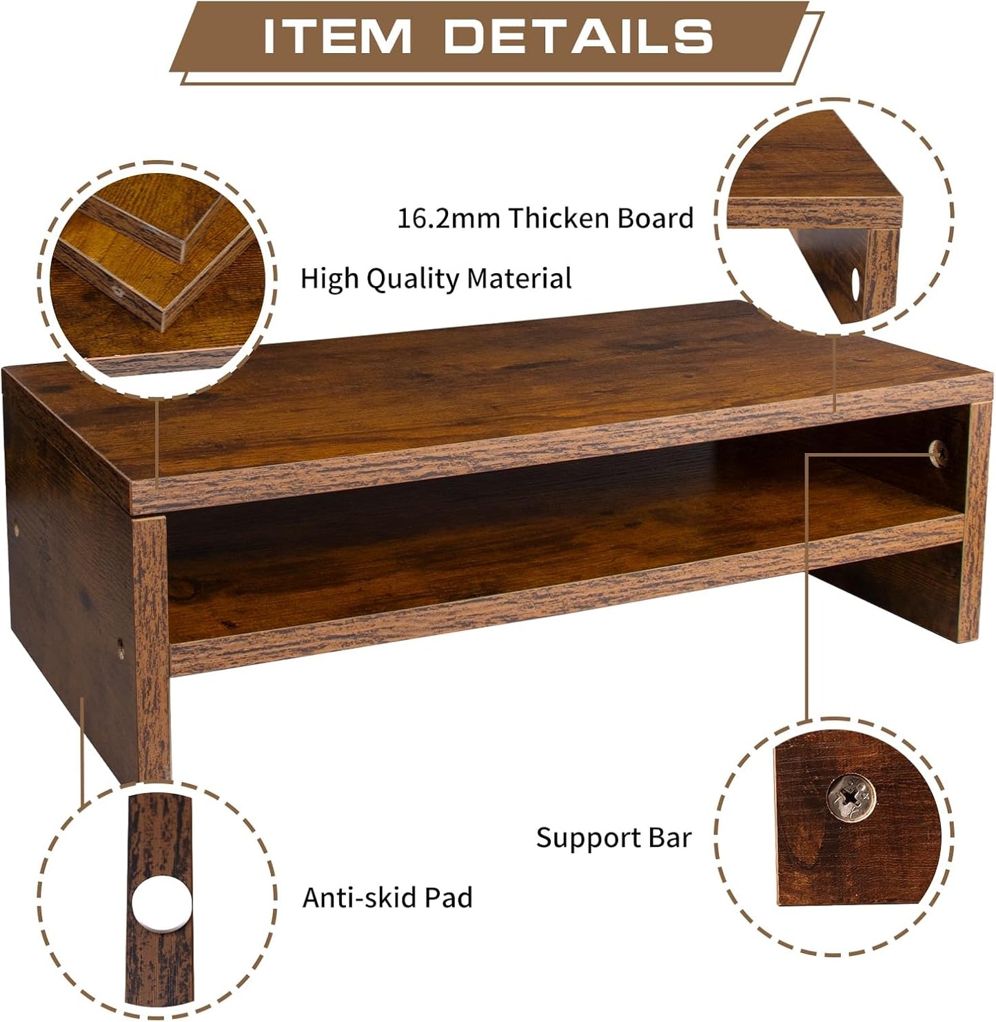 Monitor Stand Riser, 2 Tier Computer Stand, Desk Organizers and Accessories, Desktop Shelf with Storage for TV Screen PC Printer (Rust Brown-18.9inch)