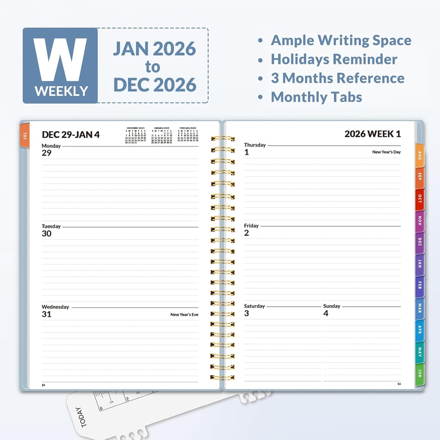 SUNEE 2026 Weekly and Monthly Planner - from January 2026 - December 2026, 6.4" x 8.3" Daily Agenda Planner with Monthly Tab, Flexible Cover, Note Pages, Pockets, Bookmark, Spiral Binding, Gray Blue