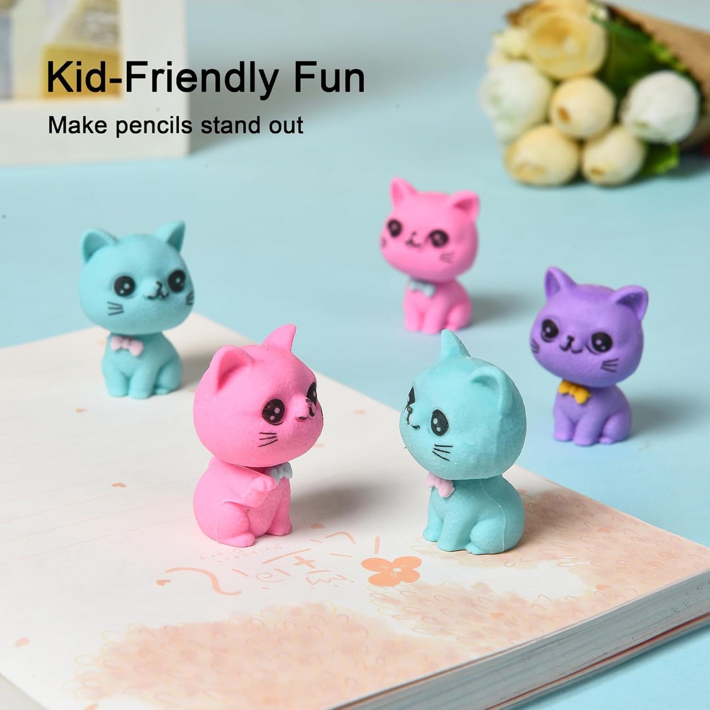 18Pcs Pencil Top Erasers for Kids, 3D Cute Cat Pencil Toppers, Bulk Fun Pencil Cap Easters for School Classroom Supplies Prize Gifts Party Favors