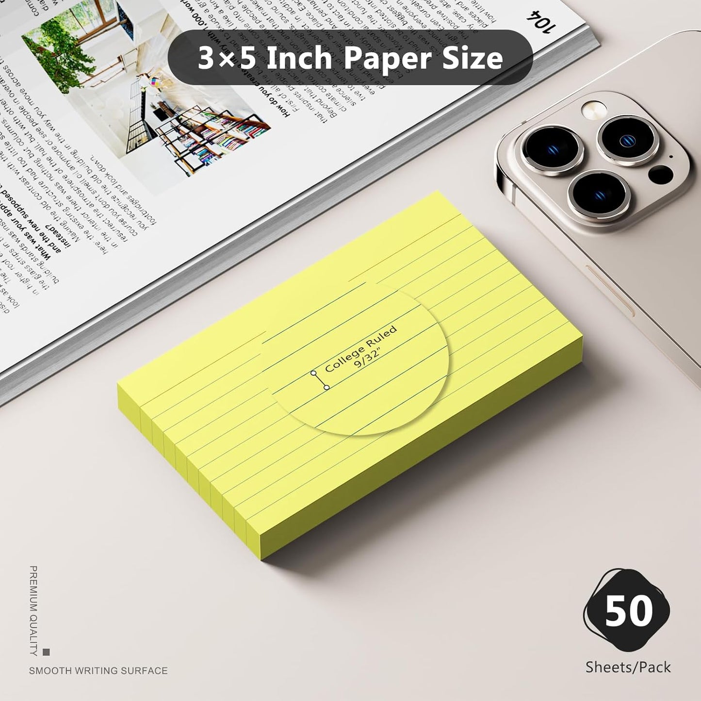 250 Count Index Cards 3 x 5 Inch, Heavyweight Yellow Lined Note Cards Portable Ruled Flash Cards Perfect for Studying and Organizing, Note Taking Study Flashcards for Home, School and Office