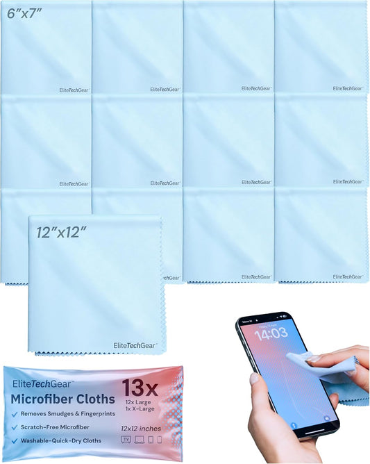 Elite Tech 13-Pack Microfiber Cloth Set - Washable Oversized Cleaner for Eyeglasses, Electronics, Screens & Lenses, Dual Sizes 6"x7" & 12" x12 - Microfiber Cleaning Cloth