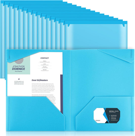 Henoyso 36 Pcs Plastic Folders with Clear Front Pockets Heavy Duty File Folders with 2 Pockets and Card Slot for Student Communication School Office Presentation Report (Light Blue)