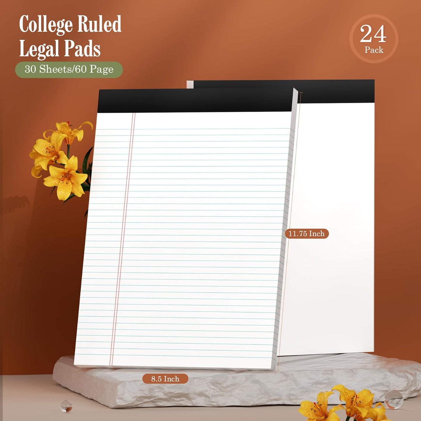 24 Pack White Legal Pads 8.5 x 11 Writing Note Pads College Ruled Writing Pads 8.5 x 11, Lined Paper Pads, 30 Sheet/Notepad, 38 Lines Perforated Notepads 8.5 x 11'' for School, Home, Office