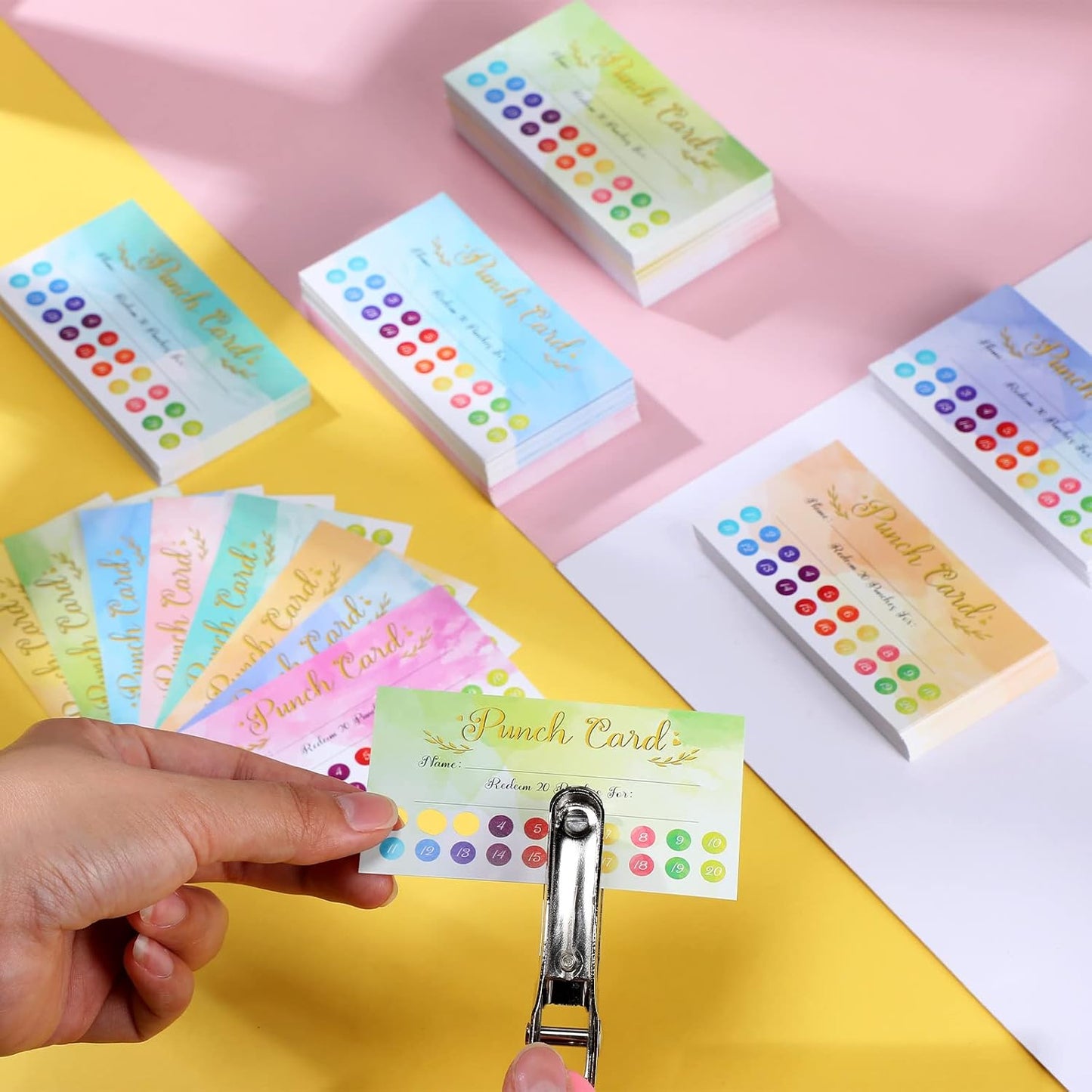 Fumete 400 Pcs Punch Cards for Classroom Reward Cards Behavior Incentive Loyalty Awards for Kids Students Teachers School Business, 8 Styles, 3.5 x 2 in(20 Watercolor Punches Style)