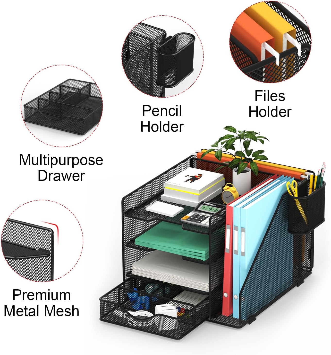 Desk Organizer with Hanging File Holder, Paper Letter Tray Organizer with Drawer and Pen Holder, Mesh Desktop Organizer and Storage for Office Supplies(Black)