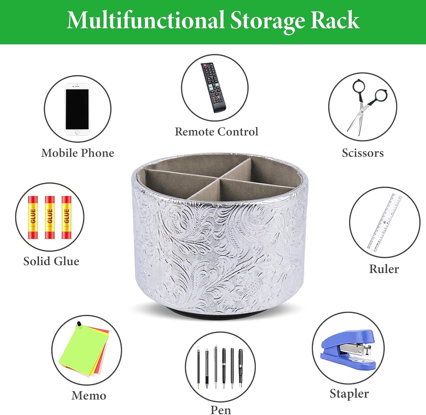 lizimandu Round Leather Art Supply Organizer,Remote Control Holder,360 Degree Spinning,Multi-Functional Pencil Holder,4 Compartments Desktop Stationary Organizer(1-Carved Silver)