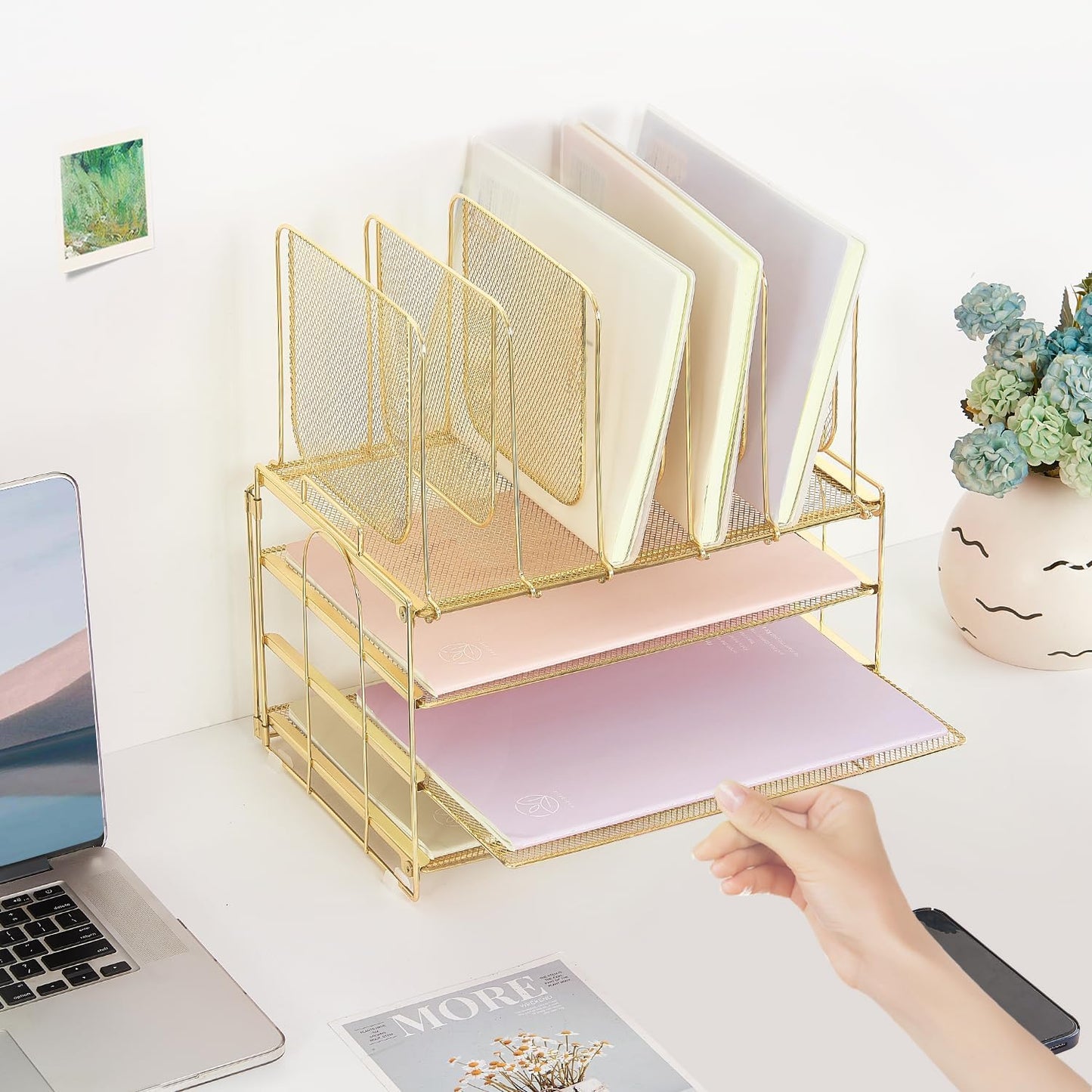 Desk Organizers and Accessories, 3-Tier Paper Organizer with 5 Vertical File Holders, File Organizer for Desk, Desk Accessories & Workspace Organizers (Gold, 3T)