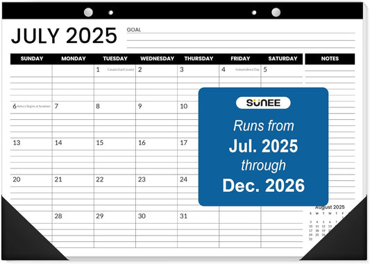 SUNEE Desk Calendar 2025-2026 17x12, 18 Months, JUL. 2025 - DEC. 2026, Academic Calendar 2025-2026, School Year Large Desktop Calendar Monthly for Teacher, Black with Note