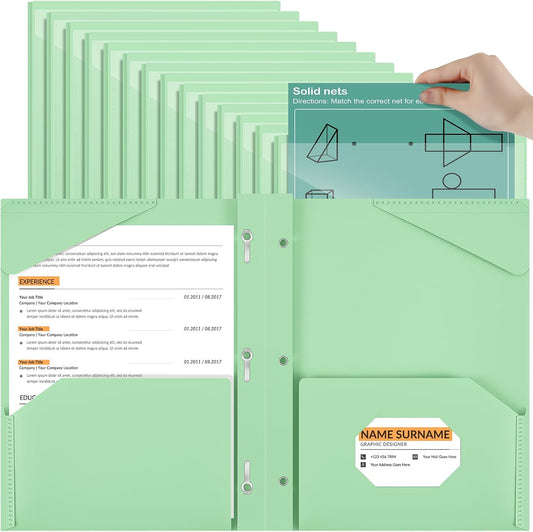 Henoyso 36 Pcs Plastic Folder with Clear Front Pocket and 3 Prong Plastic Folders with Card Slot Pocket Folders with Prongs for School Office (Light Green)