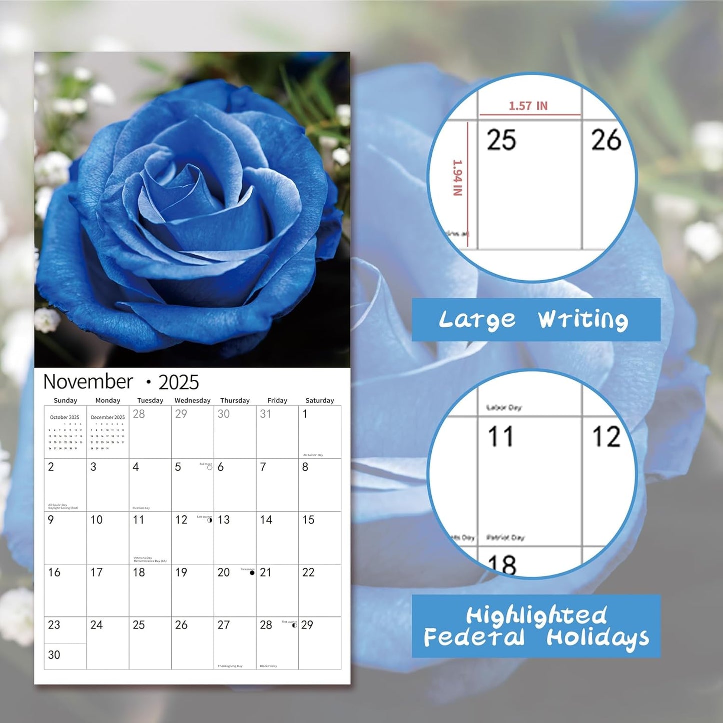 2025 Wall Calendar,Calendar 2025, January 2025 - December 2025, Wall Calendar Roses, 12" x 24" Opened,Full Page Months Thick & Sturdy Paper for Calendar Organizing & Planning