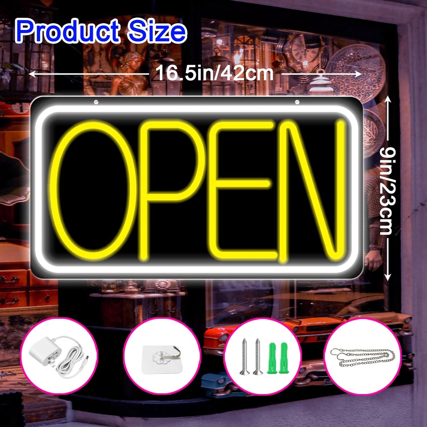 16.5" X 9" Led Neon Open Signs for Business Ultra Bright Plug In Electric Light Up Open Signs with ON/OFF Switch and 12V/2A AC Adapter for Storefront Window Bar Salon Coffee Stores (White/Yellow)