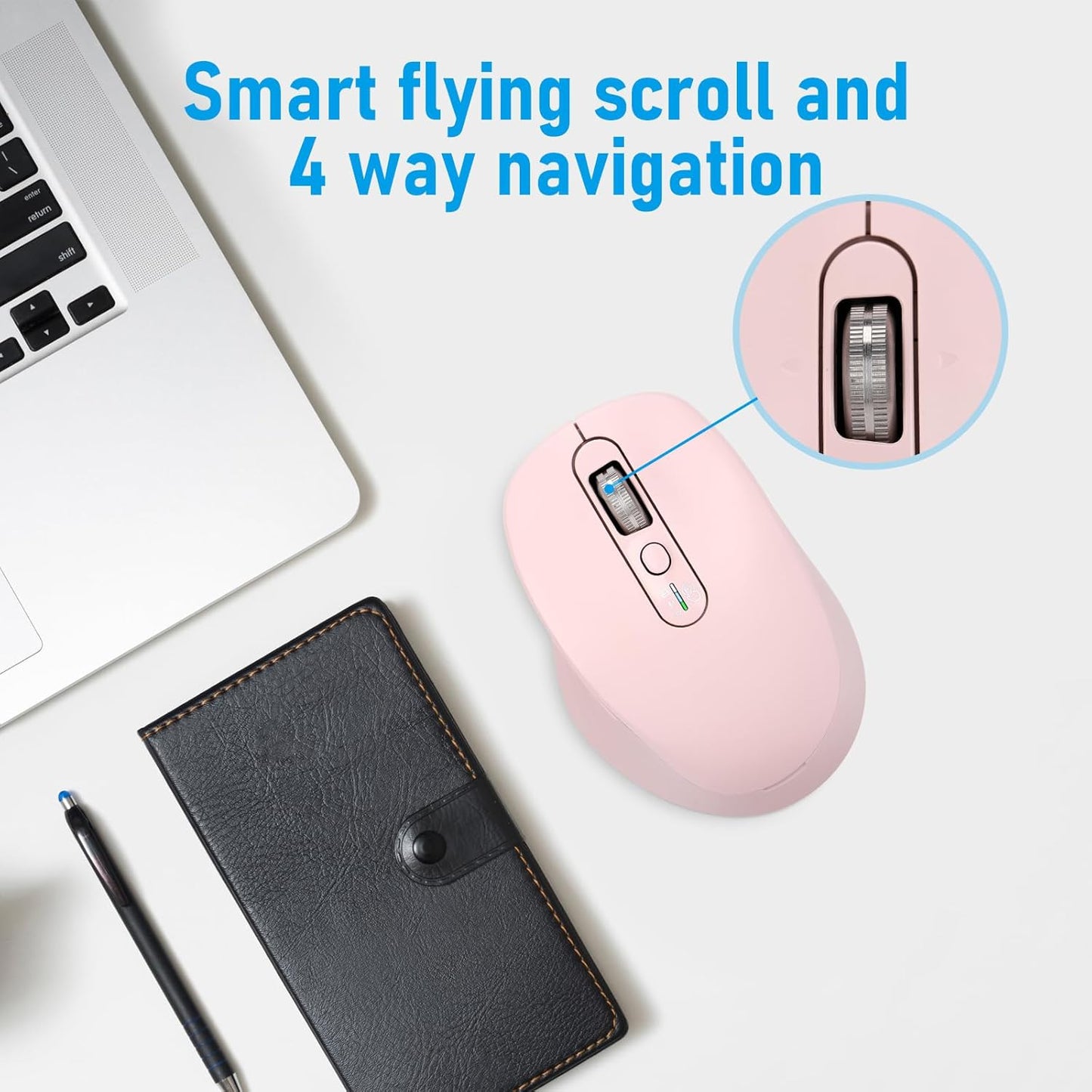 Multi-Device Wireless Bluetooth Mouse, 2.4G USB Receiver and Two Bluetooth, 4-Way Navigation Mice for Computer, Laptop, PC, MacBook, iPad (Pink)