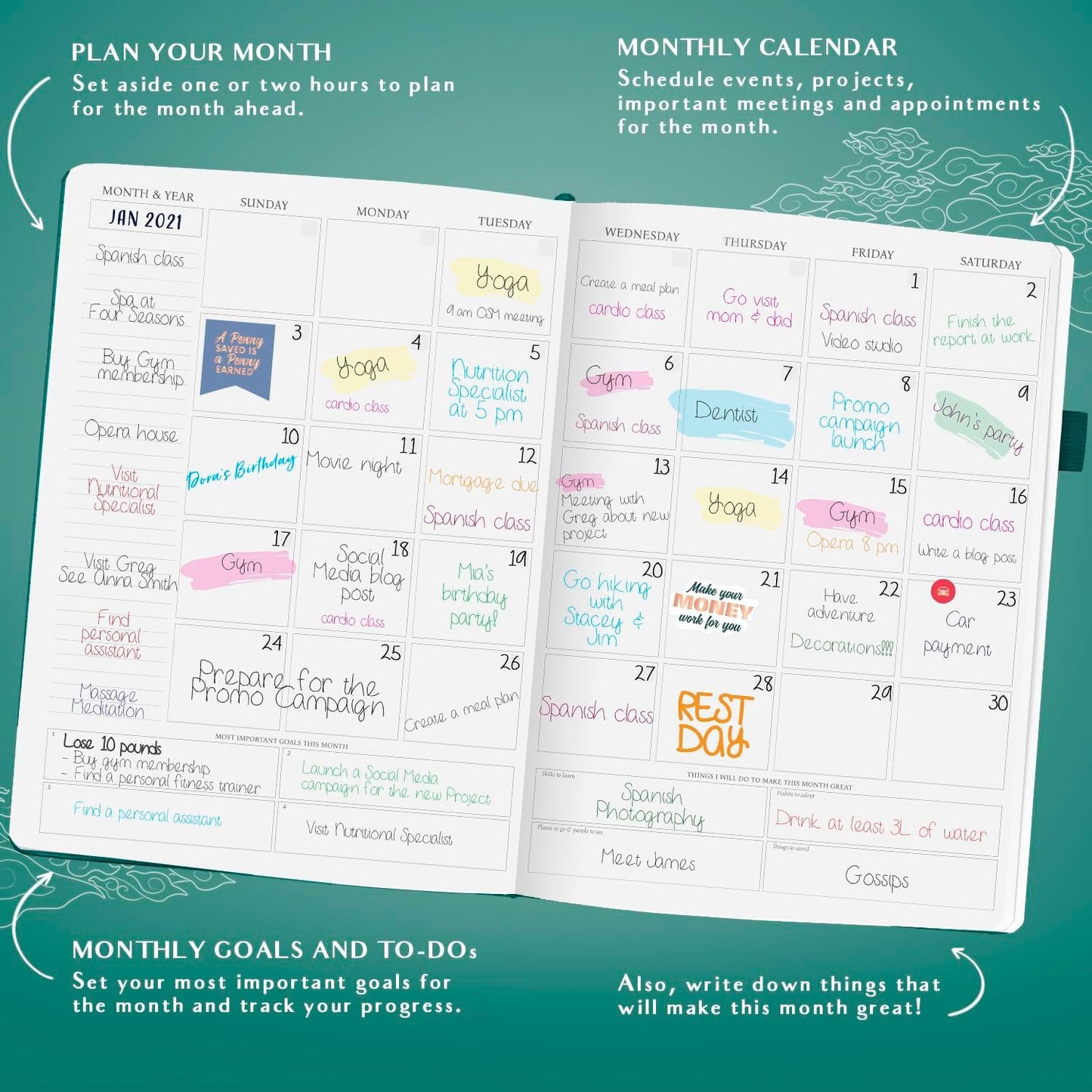 Legend Planner PRO Hourly Schedule - Weekly & Daily Organizer with Time Slots. Appointment Book Journal for Work & Personal, A4 (Dark Teal)