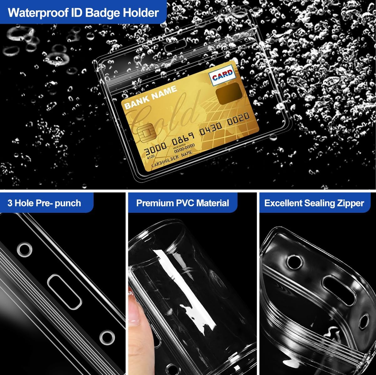 10 Pcs Clear Plastic Extra Thick Horizontal Card Holders, 4x3 Inch Sealable Waterproof Name Badge Bank ID Card Protector