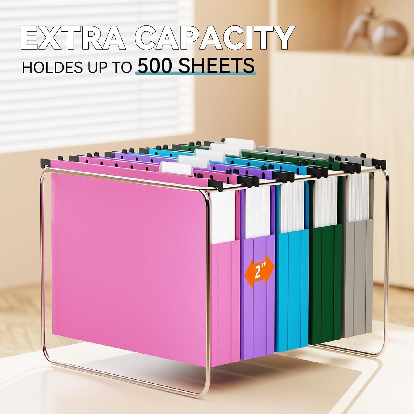 Plastic Hanging File Folder Extra Capacity,Letter Size,Upgraded 2"Expansion Accordian Pocket,12 Pack Expandable Hanging Folders,Adjustable Tabs,No Assembly,Heavy Duty for Filing Cabinet,Colored