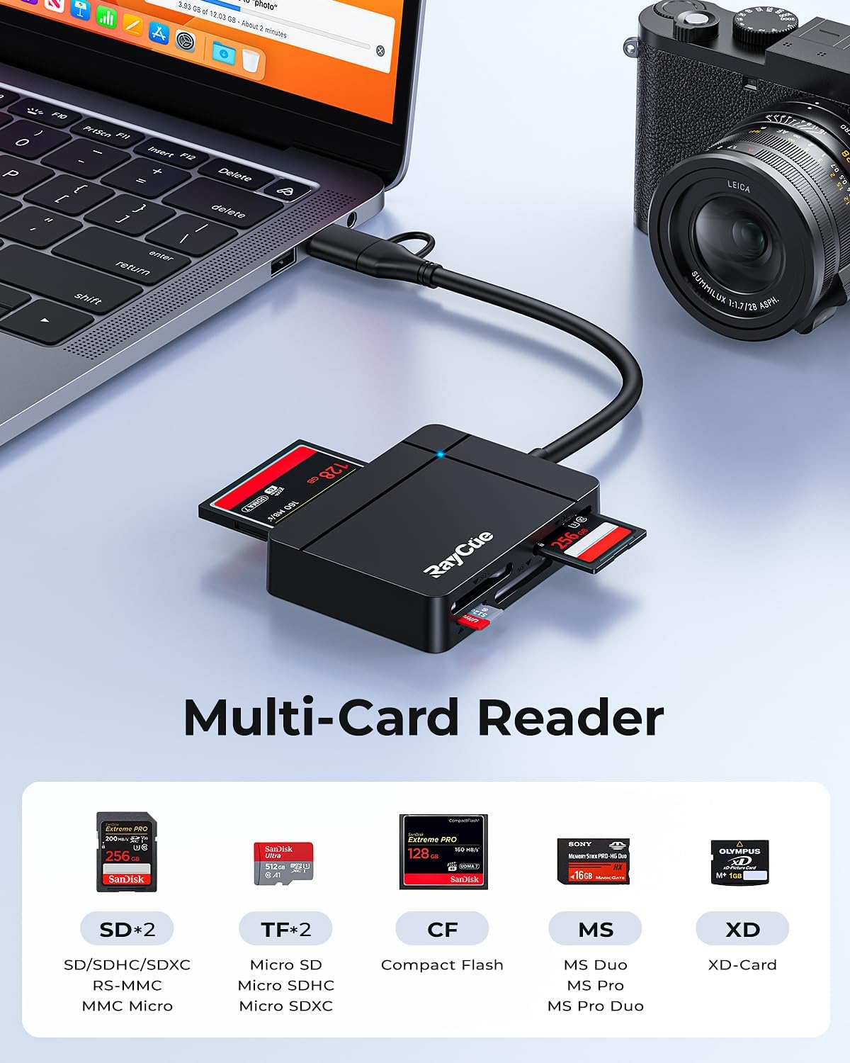 RayCue USB C USB3.0 Multi SD Card Reader, 7 in1 Memory Card Reader for SD/TF/CF/XD/MS, Drive Free for iPhone 15 pro/max, MacBook Pro/Air 2023, iPad Pro, iMac, S23, XPS 17, Surface Book 3 and More
