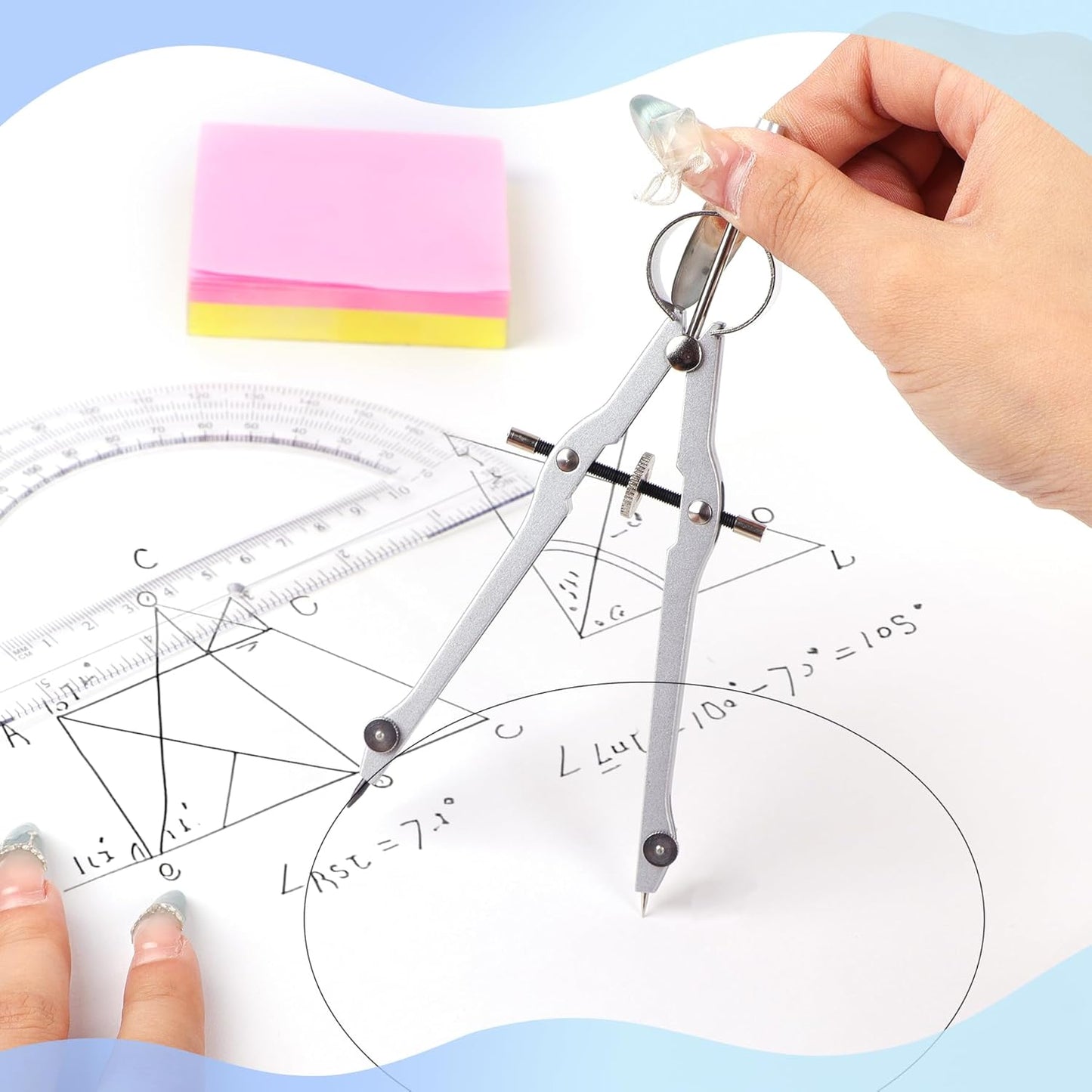 Compass and Protractor Set, Professional Drawing Compass Tool, Metal Compass with Extra Refills, Compass for Geometry and 6 Inch Math Protractors 180 Degree (Pink)