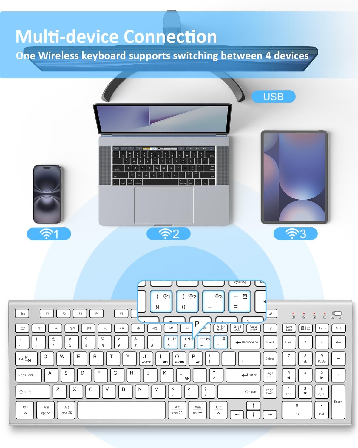 FENIFOX Wireless Keyboard, Bluetooth + USB Ergonomic Silent Quiet Rechargeable with Number Pad Compact Full Size Multi Device Keyboards for iPad Tablet Mac Computer Surface PC MacBook Laptop Silver