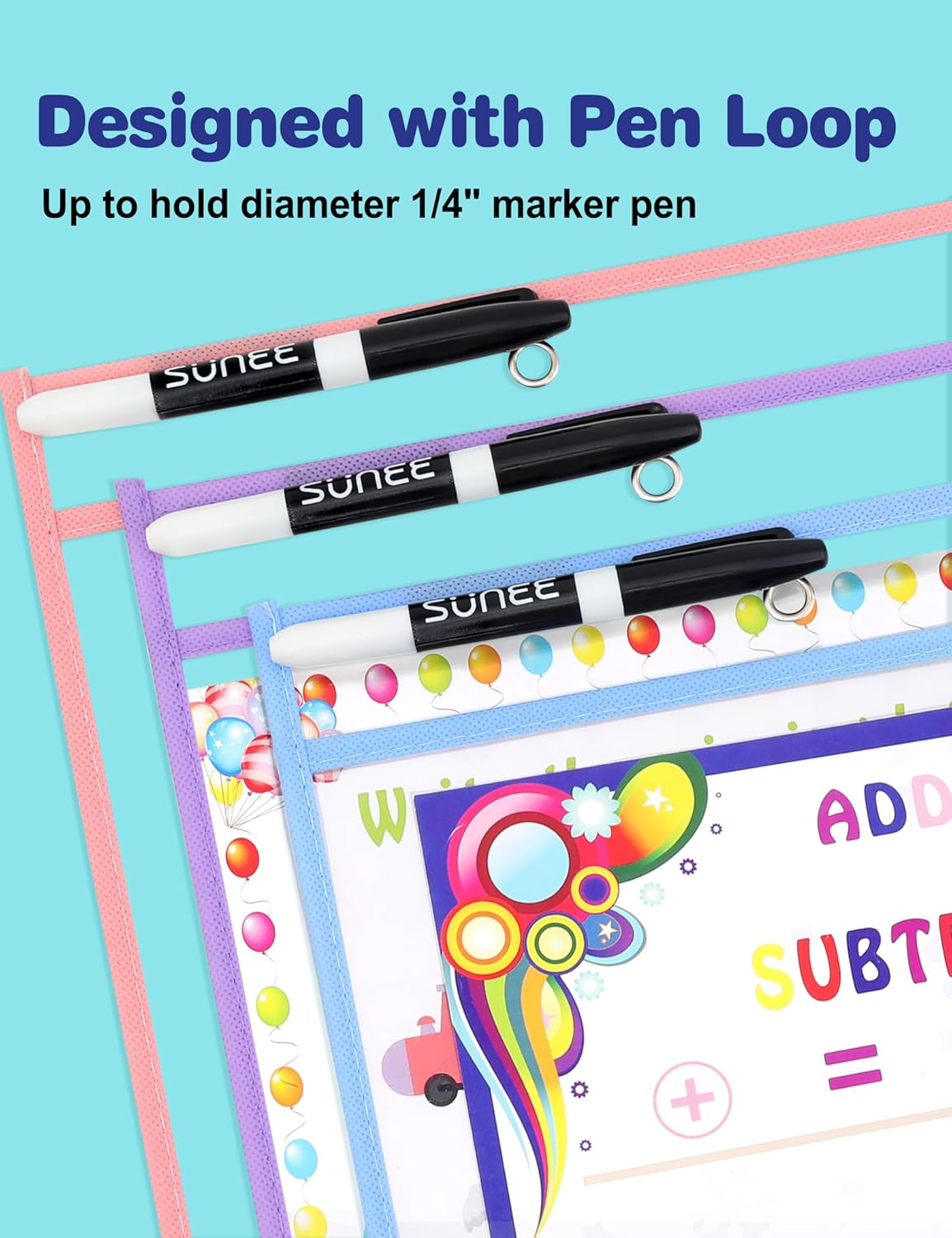 SUNEE 6 Packs Oversized Reusable Dry Erase Pocket Sleeves with Binder Ring, 6 Morandi Colors 10x14 Ticket Holders, Clear Plastic Sheet Protectors, Teacher School Classroom Supplies