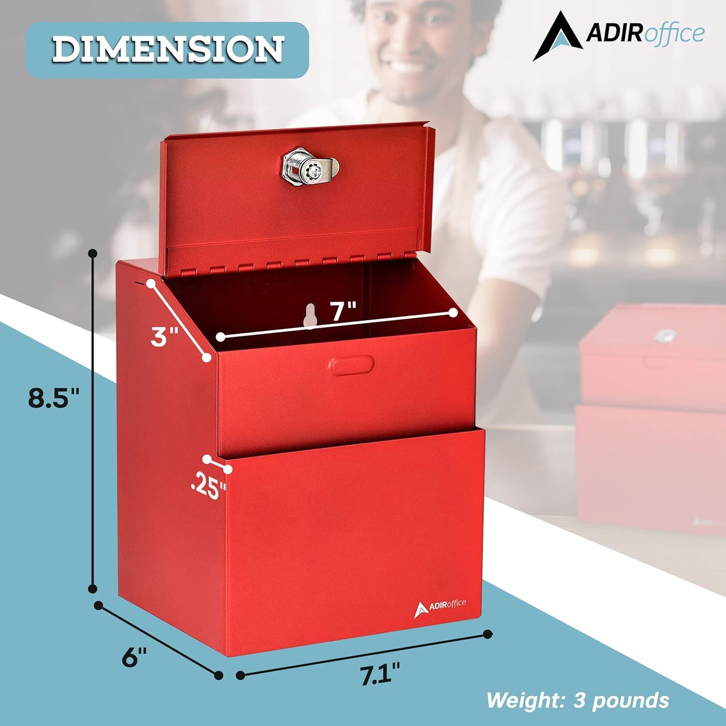 Adir Suggestion Box with Slot and Lock with 25 Comment Cards and Label Stickers, Wall Mounted Metal Donation Box for Fundraising, Tip Cash Drop Box for Money, Ballot Box Red
