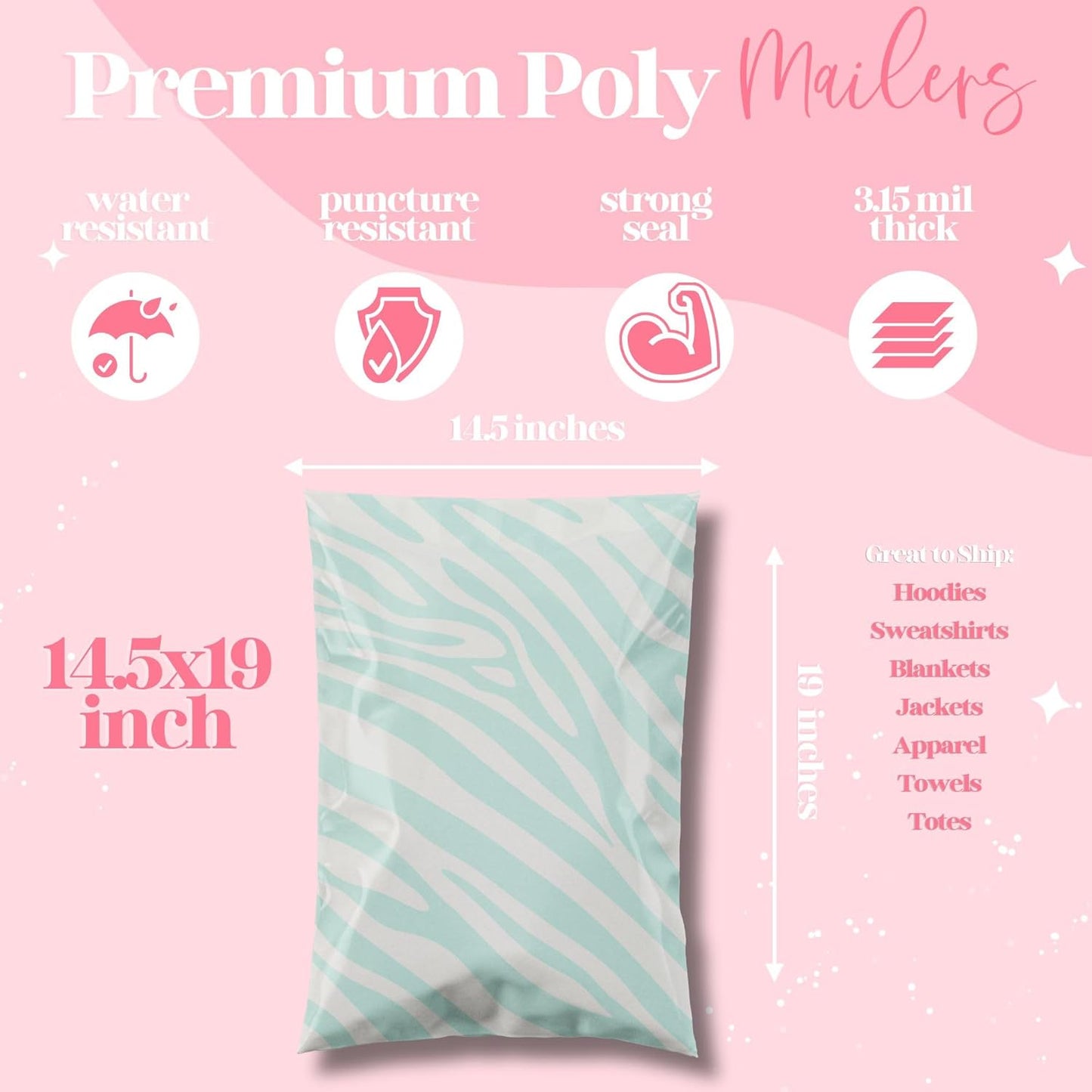 14.5x19 Designer Poly Mailer 100 Pack Heavy Duty Waterproof Self Seal Shipping Bags for Small Business Large Mailing Envelopes Bulk Tear Resistant Cute Packaging Mint Zebra