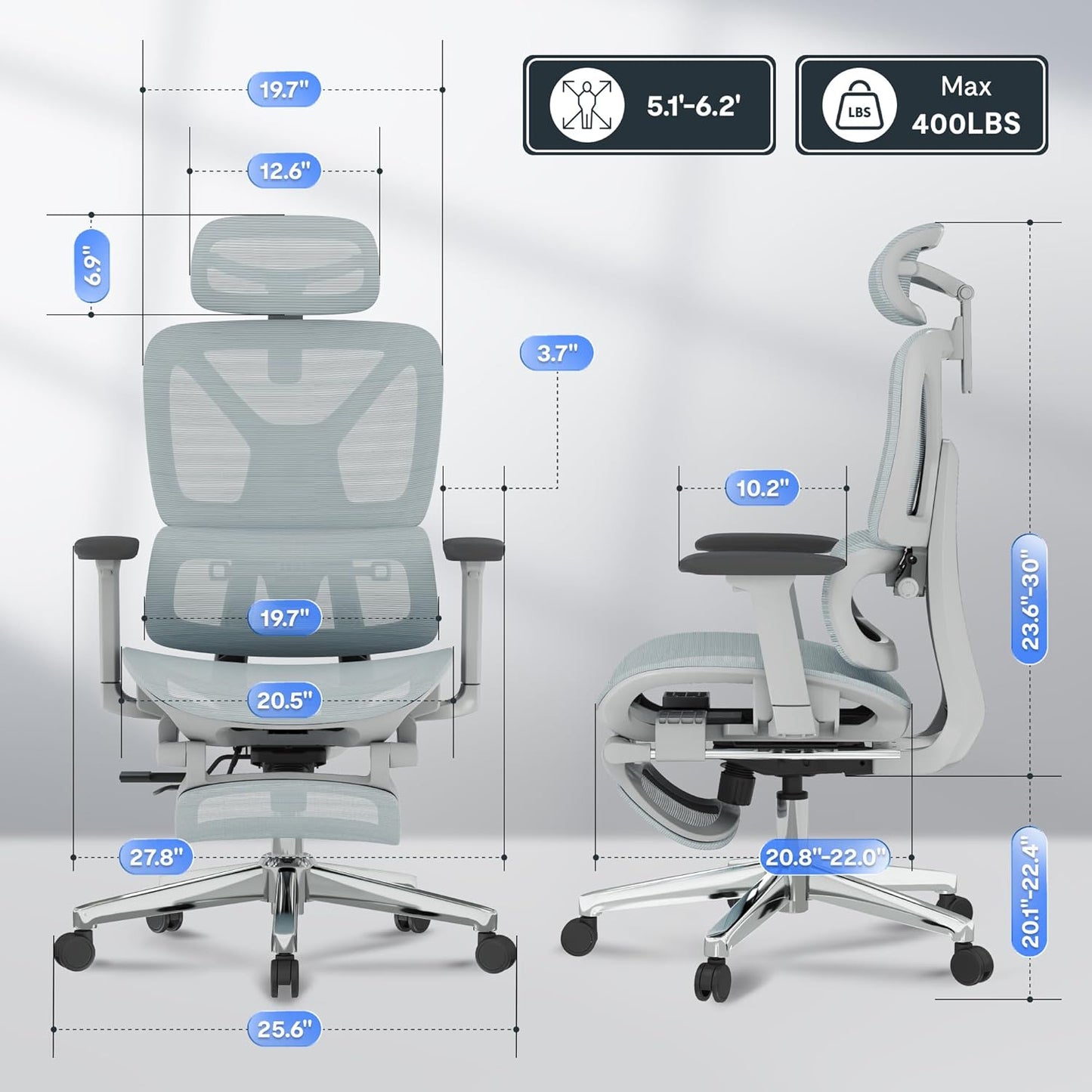 FLEXISPOT ErgoX Premium Ergonomic Office Chair with Footrest- Adjustable 3D Armrests, Dynamic Lumbar Support, Recline & Tilt Function, Mesh Seat, for Home & Office Use,Blue