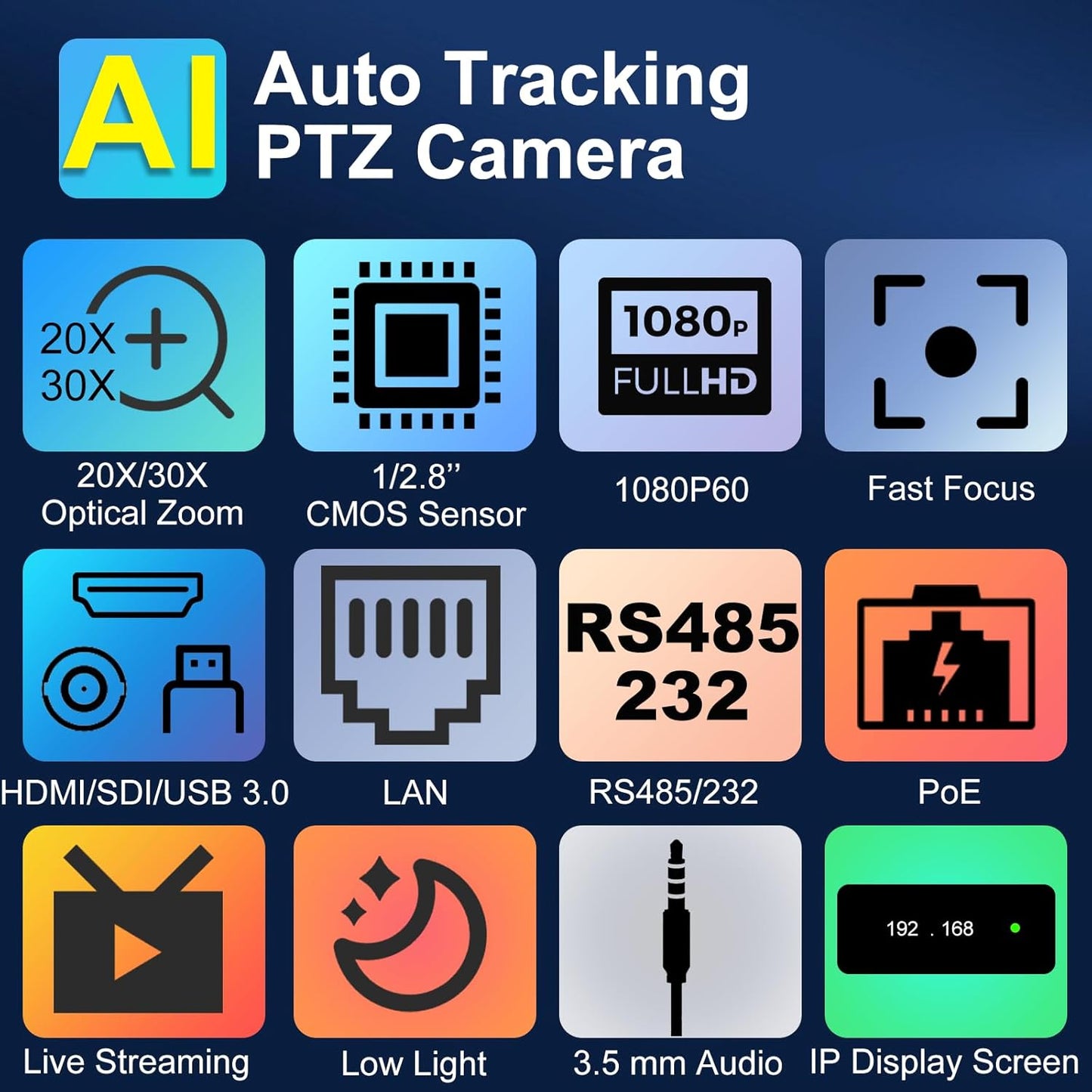 PTZ Camera, AI Auto Tracking 1080P60 PoE, 20X Optical Zoom, 3G-SDI HDMI USB3.0 LAN, Live Streaming for Church Meeting Education Sport Hospital Wedding