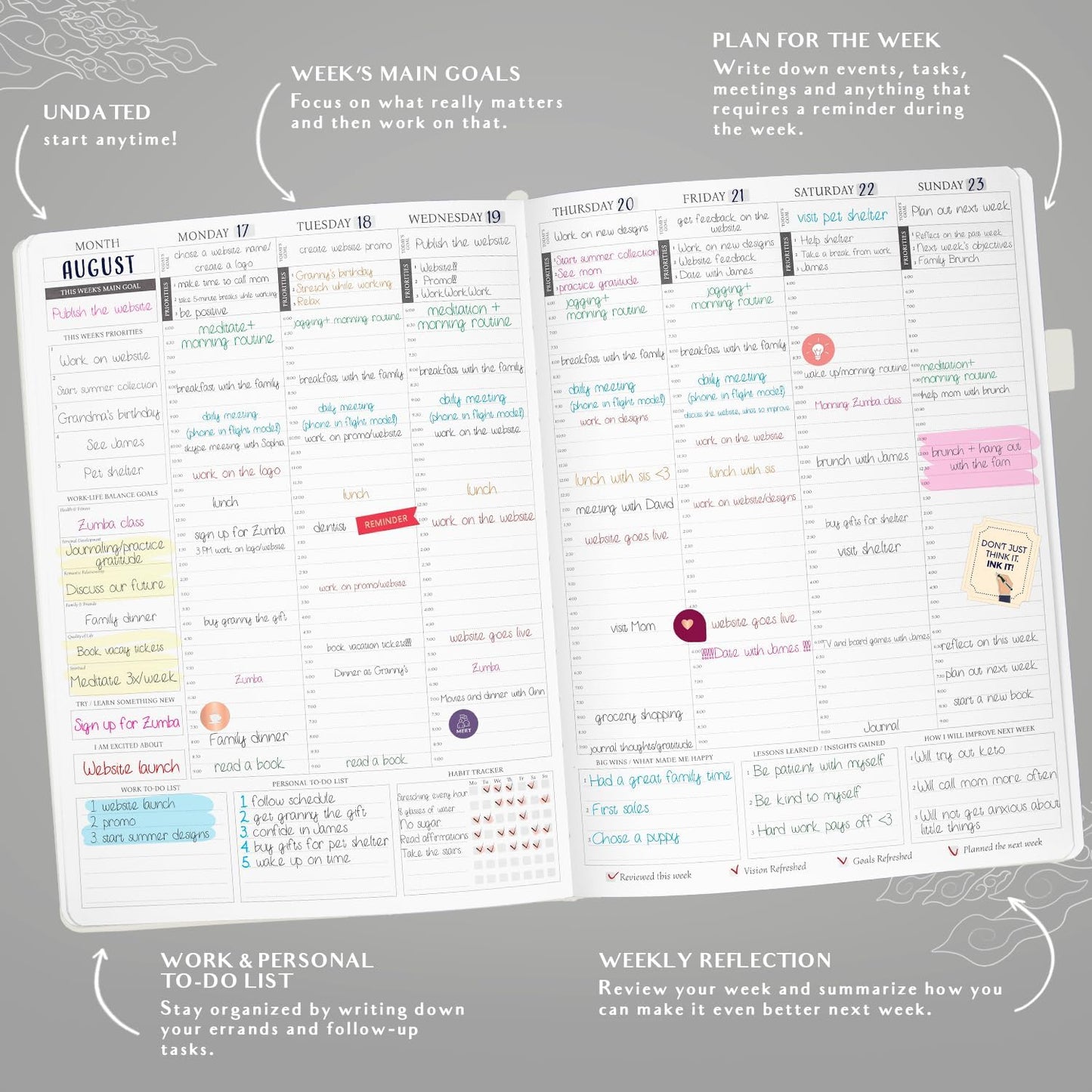 Legend Planner PRO Hourly Schedule - Weekly & Daily Organizer with Time Slots. Appointment Book Journal for Work & Personal, A4 (White Gold)