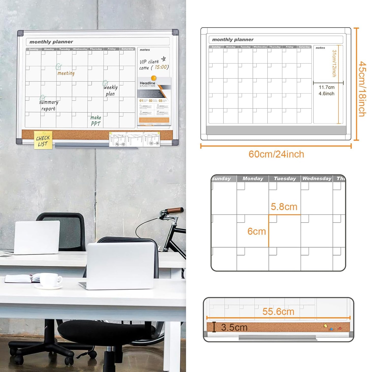 MAKELLO Dry Erase Calendar for Wall 24x18 in, Whiteboard Calendard with Cork Board for Office, Home, School, Family, Kitchen and Bedroom