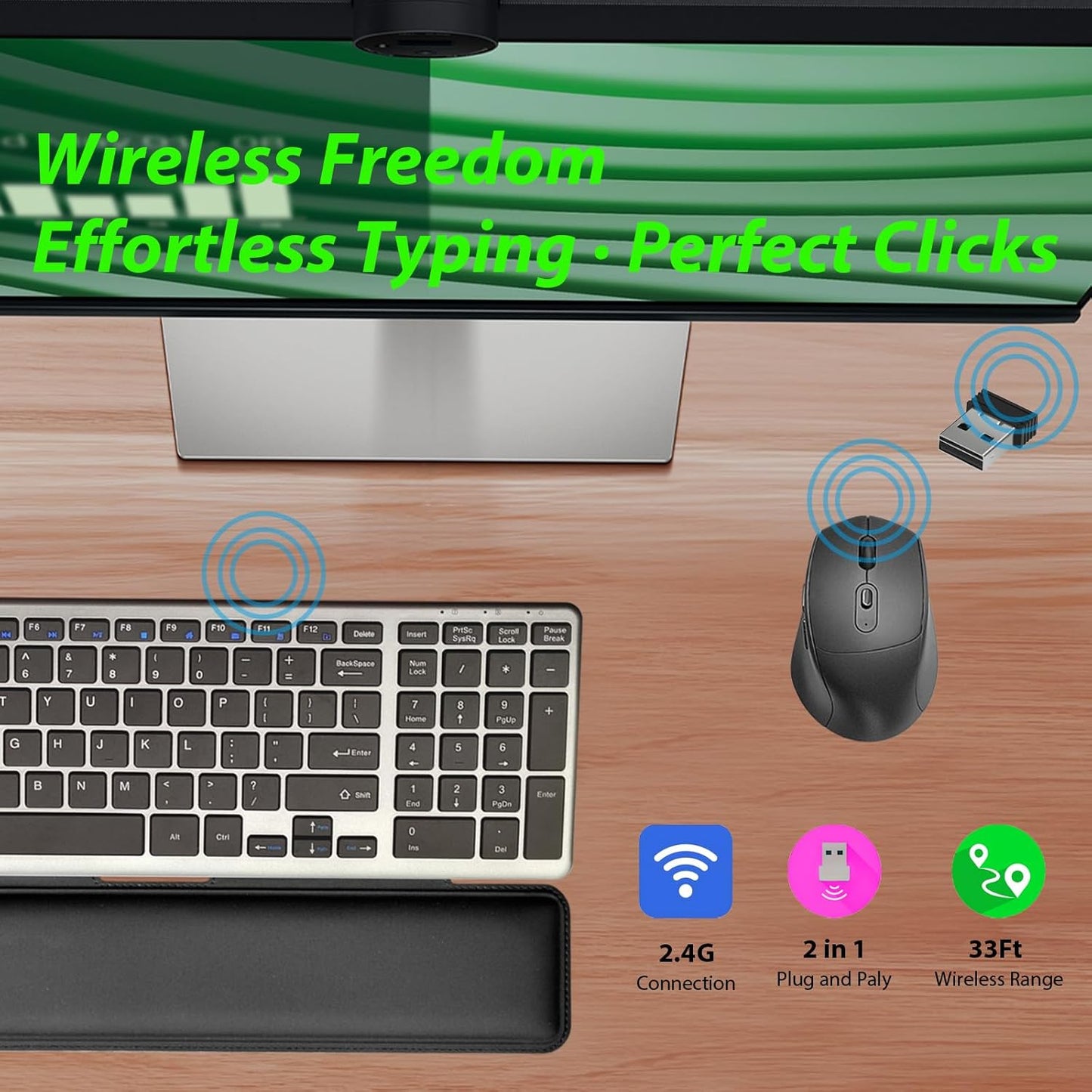 Wireless Keyboard and Mouse Combo with Keyboard Mouse Wrist Rest Pad - Ergonomic Design for Typing Pain Relief, Desk Pads Support Hand and Arm, 2.4G Stable Connection，Adjustable DPI