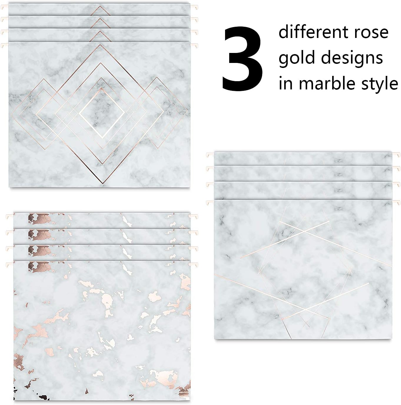 Y YOMA 12 Pack Rose Gold Hanging File Folders Letter Size Decorative File Folder Cute Pretty Hanging Folder Organizer for Filing Cabinet Office Home with 1/5-Cut Adjustable Tabs, 3 Marble Design