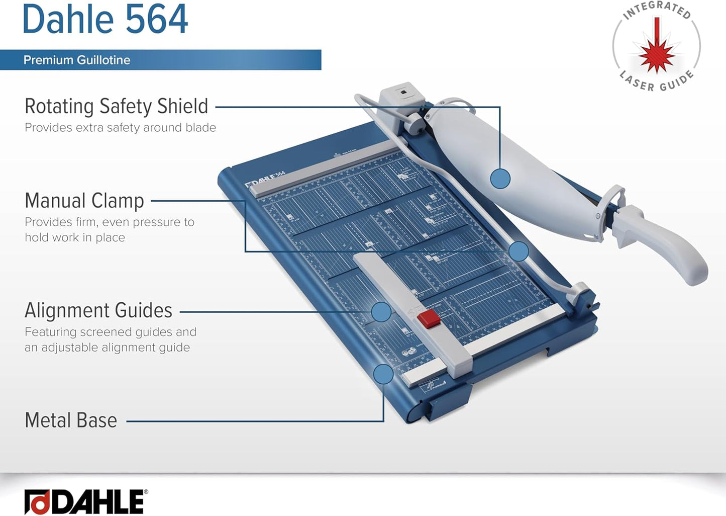 Dahle 564 Premium Guillotine Trimmer w/Laser, 14" Cut Length, 40 Sheet Capacity, Self-Sharpening, Manual Clamp, w/Safety Guard