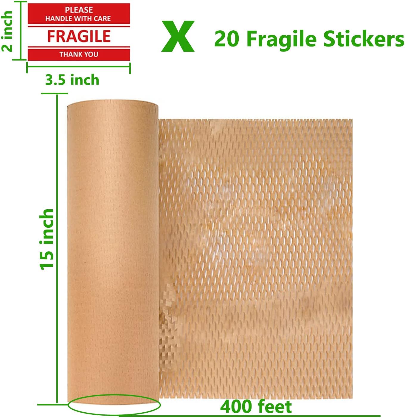 Honeycomb Packing Paper Wrap 15" x200' Sustainable Alternative to Bubble Cushioning Wrap for Moving/shipping/packing Roll with 20 Fragile Sticker Biodegradable & Fully Recylable
