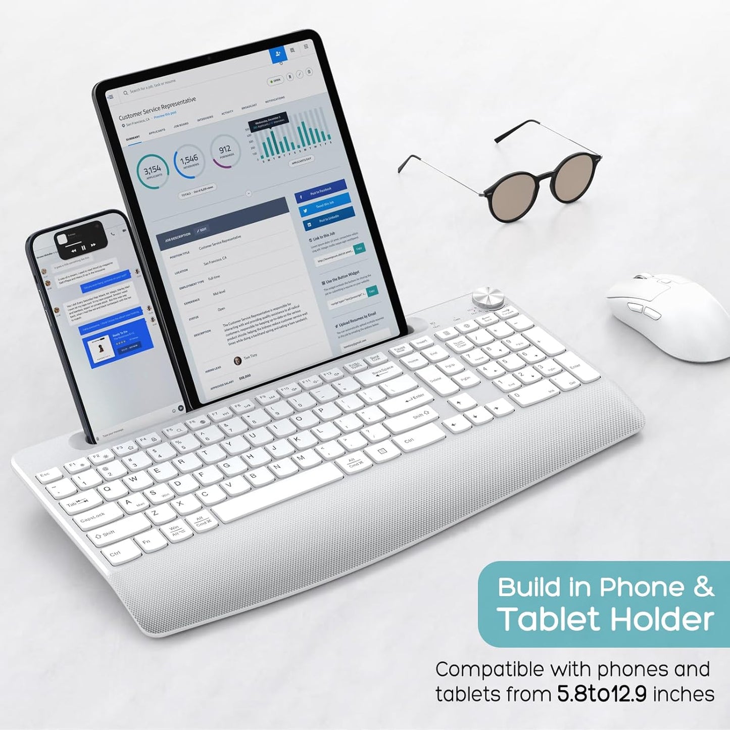 Wireless Keyboard and Mouse - Full-Sized Ergonomic Keyboard with Wrist Rest, Phone Holder, Volume Knob,2.4GHz Silent Cordless Keyboard Mouse Combo for Computer, Laptop, PC, Mac, Windows -White