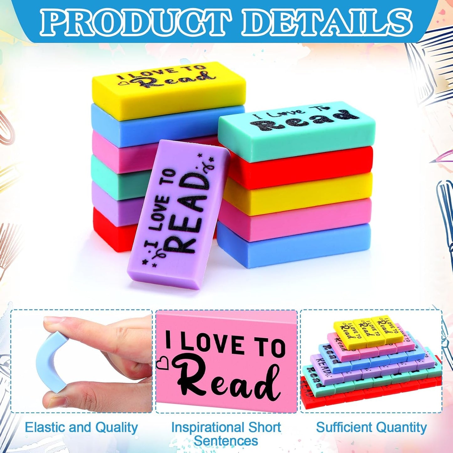 200 Pcs Inspirational Erasers for Kids Back to School Gifts I Love to Read Small Colorful Pencil Erasers for Students Classroom Cute Motivational Gift for Drawing School Office Supplies