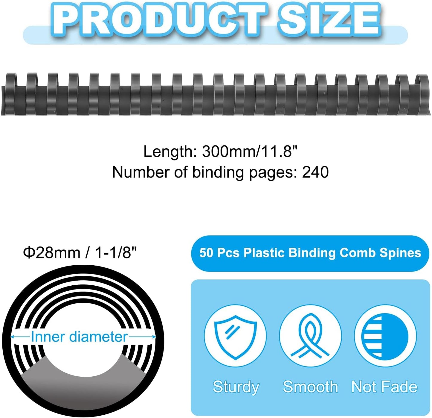 PATIKIL 28mm (1-1/8") Plastic Binding Combs, 50 Pcs 21 Rings Comb Binding Spines 240 Sheet Capacity Letter Size for Binding Paper Sheets Notebook Calendar Picture Album, Black