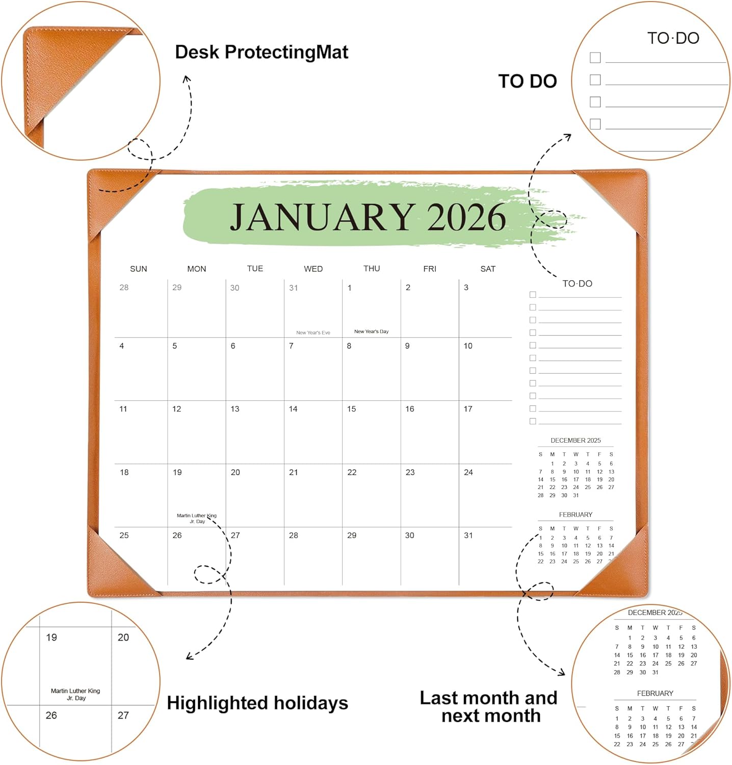 Desk Calendar 2025-2026 – 18-Month Desktop Calendar from July 2025 to December 2026, for Office, School & Home Use – Large Teacher Desk Calendar 22x17 (Brown)