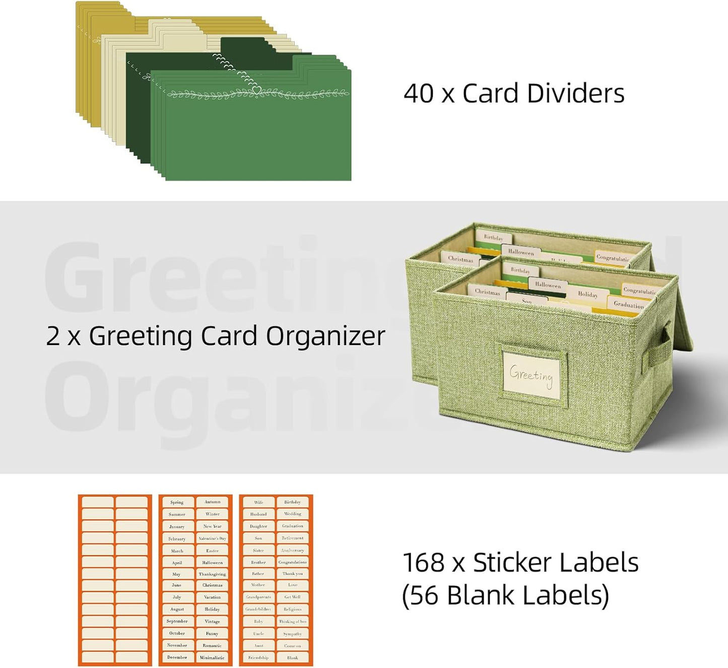 Vienrose Greeting Card Organizer Storage Box with 20 Removable Dividers, 84 Self-stick Labels, Perfect for Photos, Envelopes, Scrapbooking, Paper, Stickers Holder 2 Pack Grass Green