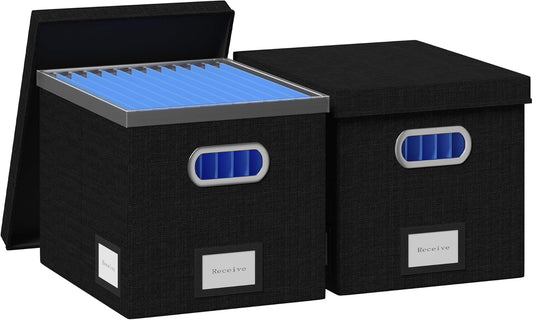 File Organizer Box - File Boxes for Hanging Files with Lid Set of 2 Decorative Hanging Folders Letter Size Organizer with One-Piece Plastic Frame Slides (Black, 13.2 * 10.1 * 10.1in(2Pack))