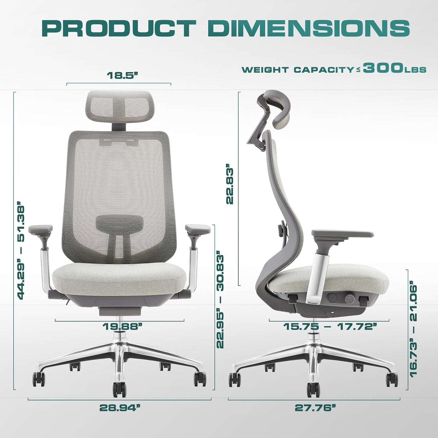COLAMY Ergonomic Mesh Office Chair, High Back Computer Executive Desk Chair with Adjustable Headrest and 4D Arms, Slide Seat, Tilt Lock-Light Grey