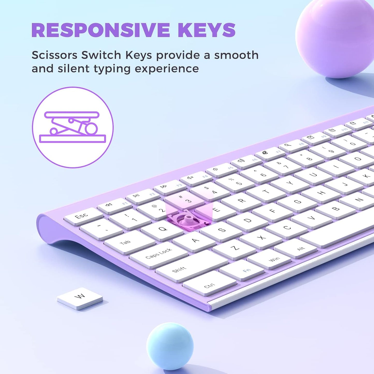 Wireless Keyboard and Mouse, Vssoplor 2.4GHz Rechargeable Compact Quiet Full-Size Keyboard and Mouse Combo with Nano USB Receiver for Windows, Laptop, PC, Notebook-Lavender Purple