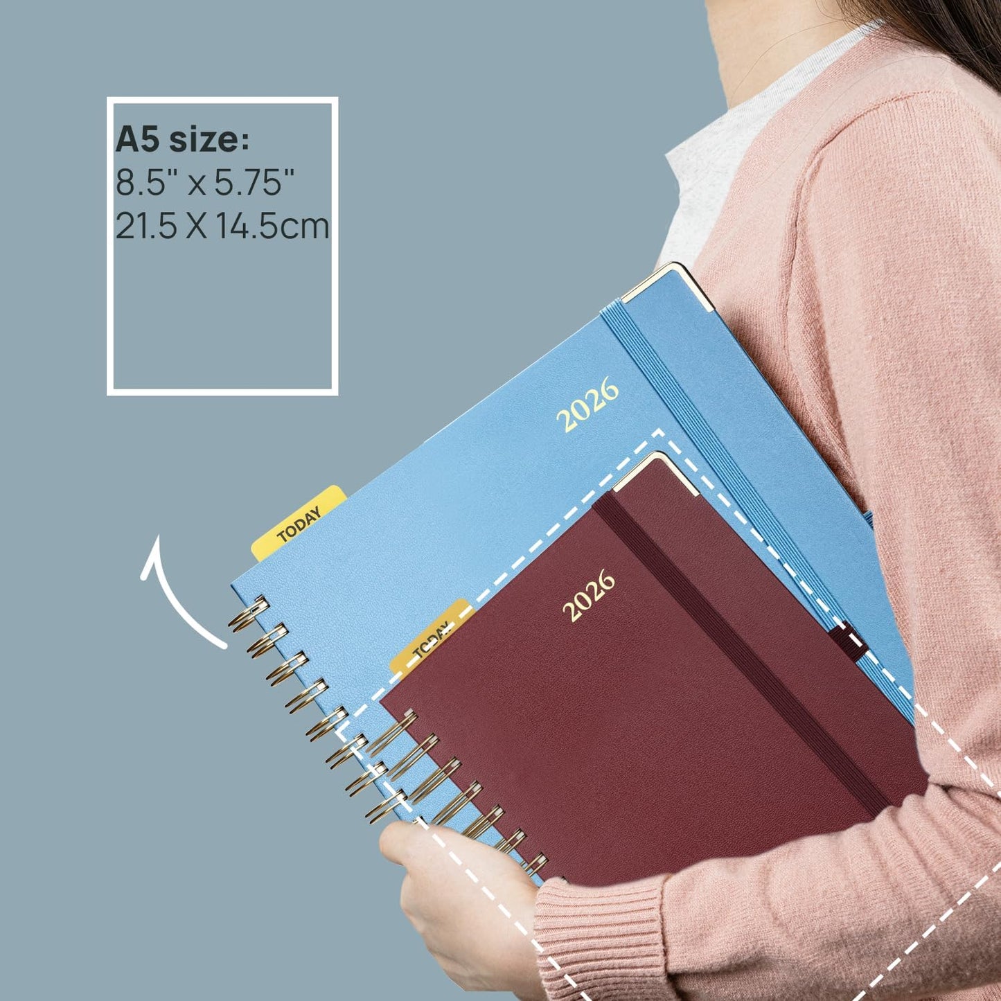 POPRUN 2026 Daily Planner One Page A Day - [8.5" x 5.75" Wire-Bound Hard Cover] Agenda 2026 Hourly Appointment Book with Monthly Calendar, Inner Pocket, Ivory Paper - Light Yellow