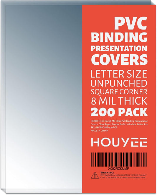 HOUYEE 200 Pack 8 Mil PVC Binding Presentation Covers, Clear Report Covers for Binding, 8-1/2 x 11 Inches, Letter Size