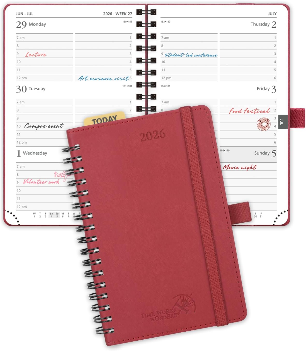POPRUN Pocket 2026 Planner (Small Size- 4'' x 6.25'') Weekly and Monthly for Purse - Calendar 2026 (Jan. 2026 - Dec.2026) with Soft Cover, Plastic Ruler - Burgundy Red