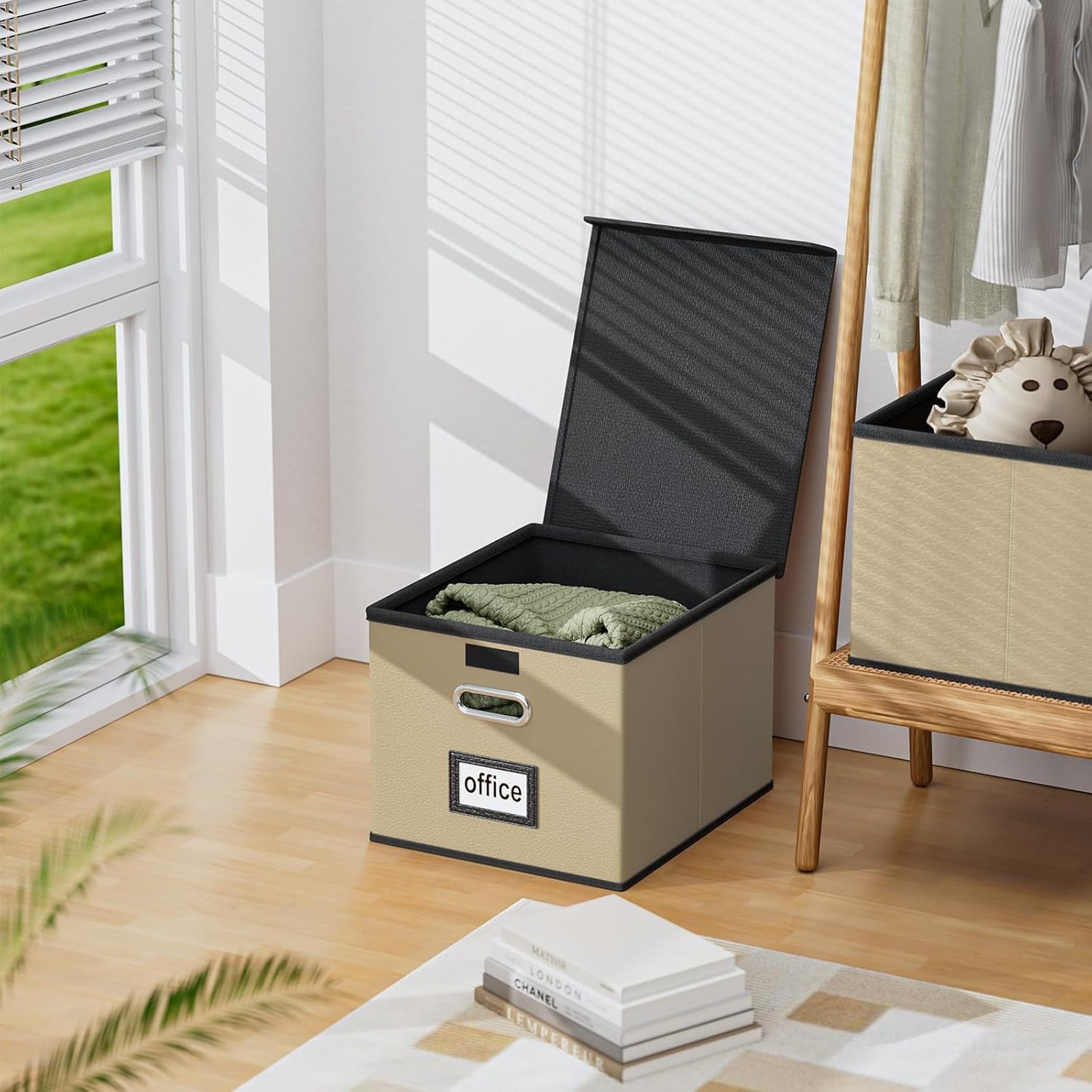 Huolewa File Organizer Boxes with Lids, Collapsible Faux Leather Hanging File Folder Box Organizer with Plastic Slide, Decorative Home/Office Filing System Boxes for File and Folders Storage