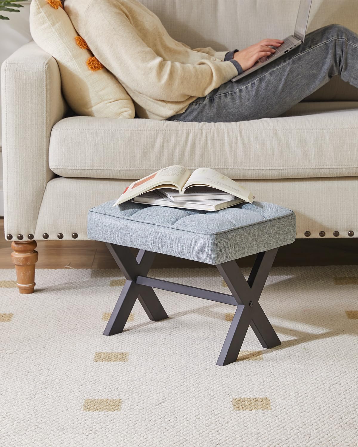 IBUYKE Small 12" H Footrest Stool, Square Linen Foot Stool with Metal X-Leg, Multi-Use as Small Side Table, Step Stool for Living Room, Bedroom, Entryway, Office, Blue Gray WBD011L